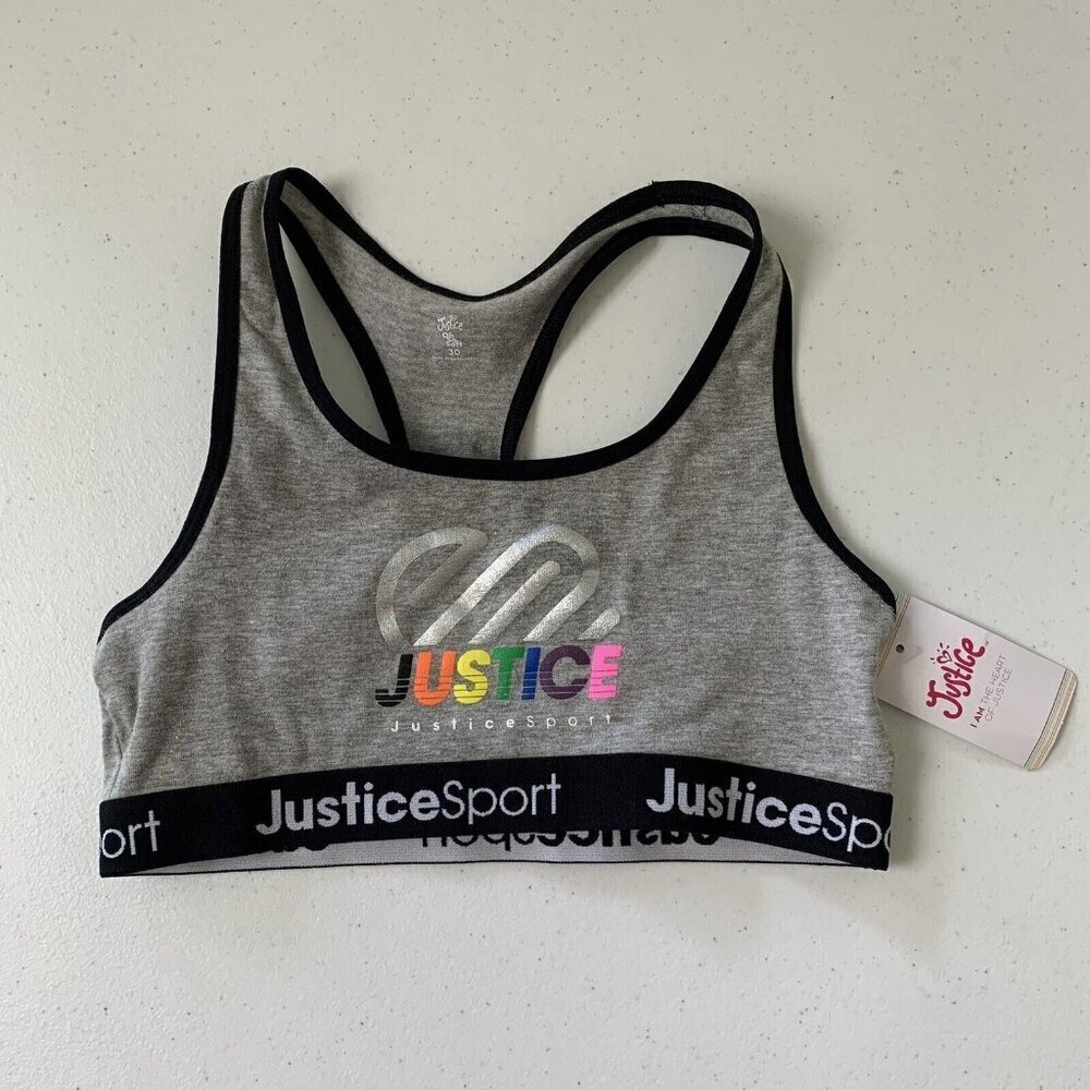 Justice Girls Gray Sports Yoga Bra Size 30 Logo Spell Out New